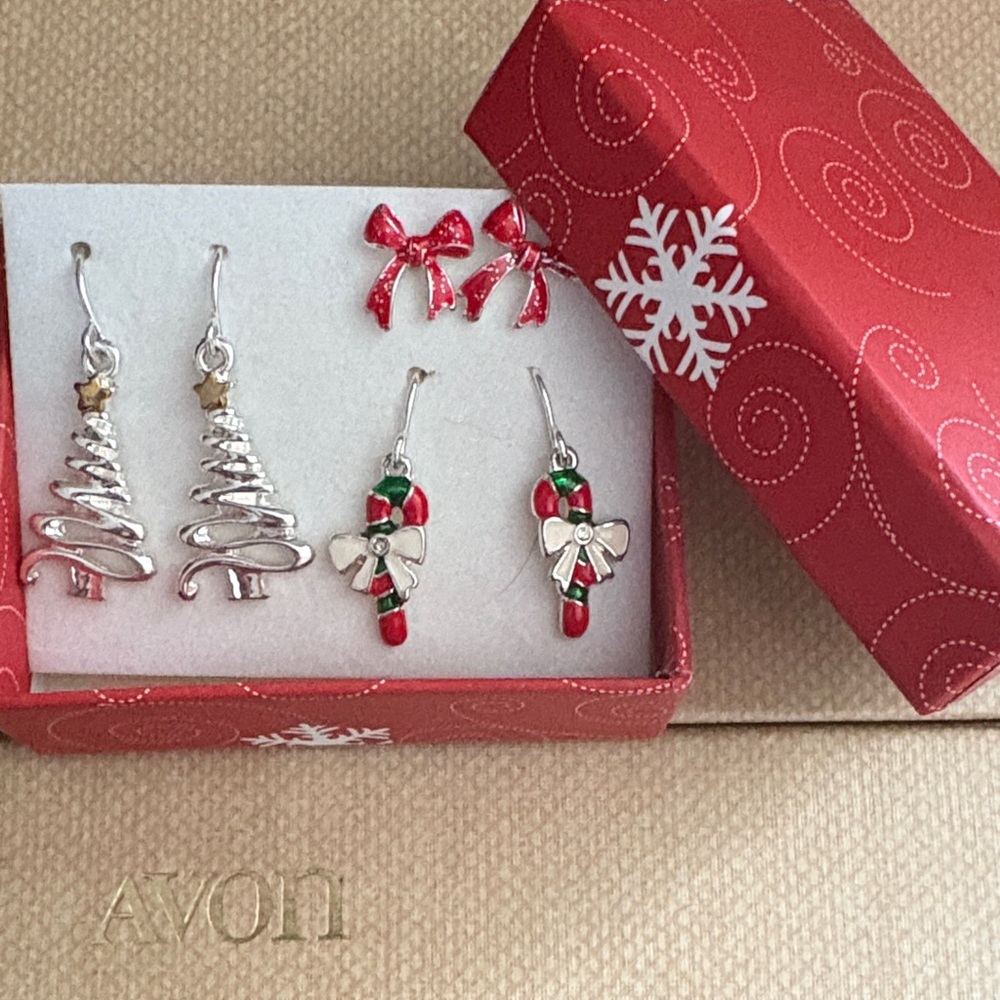 Vintage Avon Christmas Earrings Set 3 Pairs Bow Candy Cane Tree Gift Box